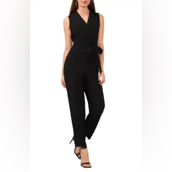 H&M NWT Black Sleeveless V Neck Jumpsuit Women's 4 Tie Waist Business‎ Career - Picture 1 of 9